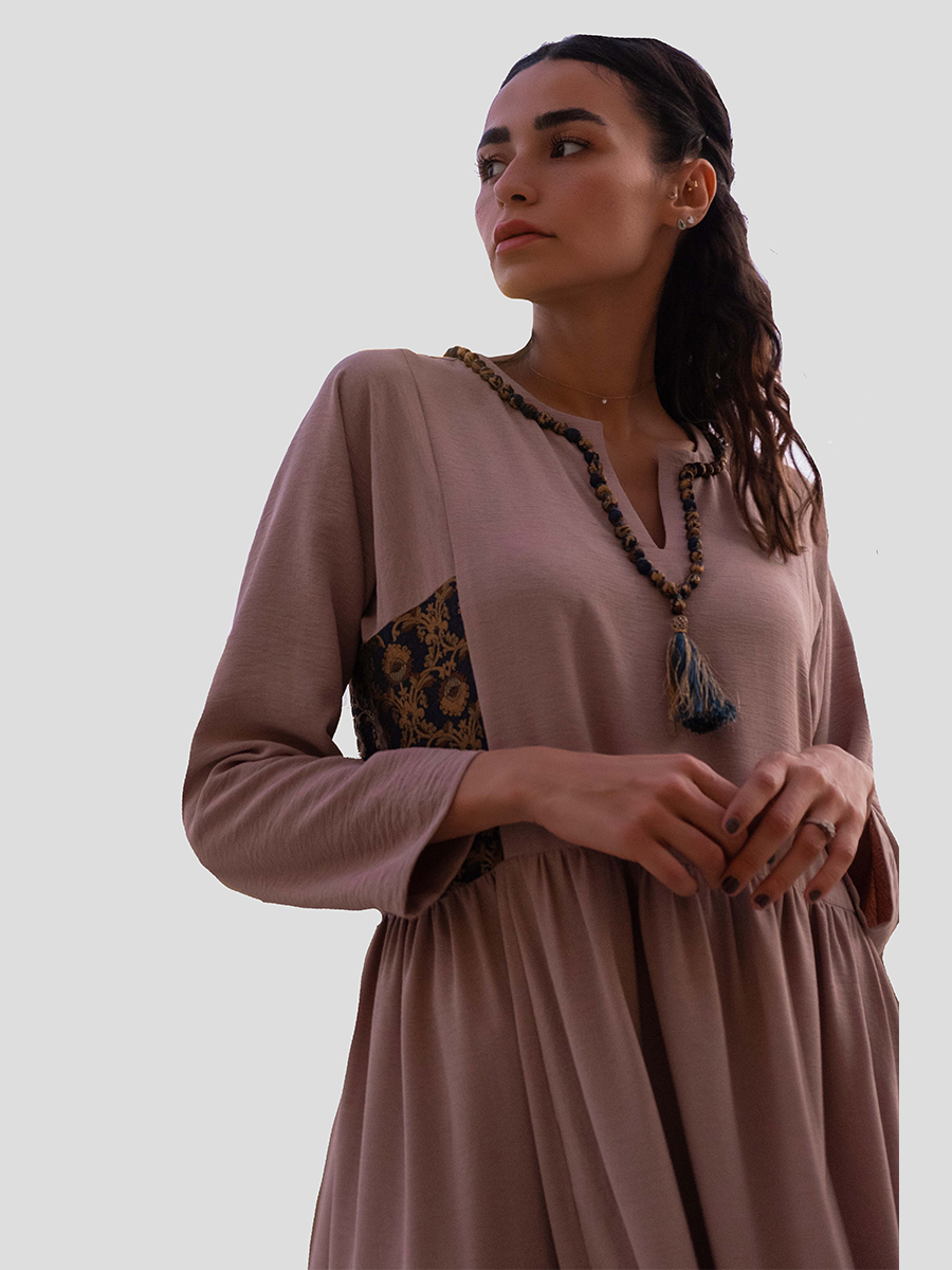 Dark beige dress  with embroidery on the waist