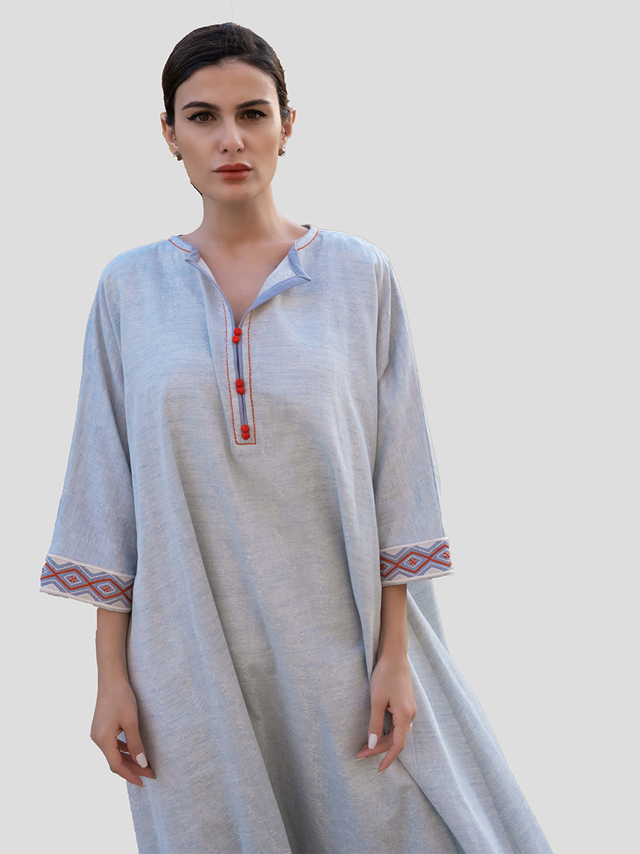 Hand-embroidered long-sleeved dress color  light blue