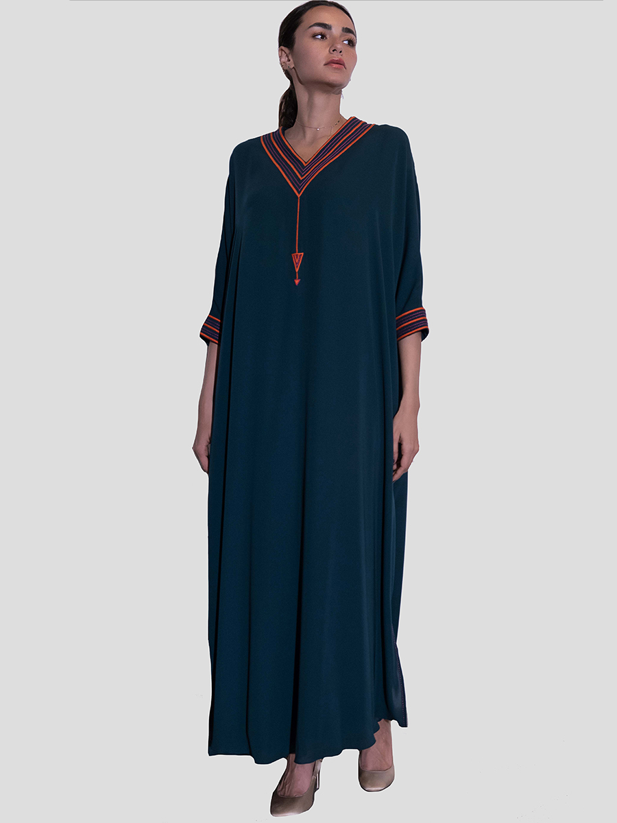 Navy dress with embroidery on neck and sleeves