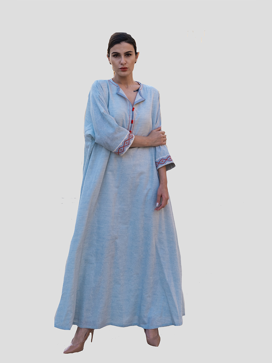 Hand-embroidered long-sleeved dress color  light blue