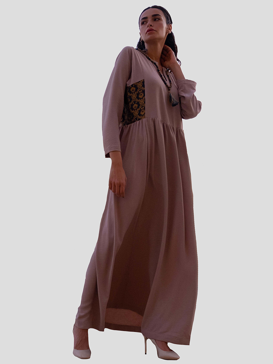 Dark beige dress  with embroidery on the waist