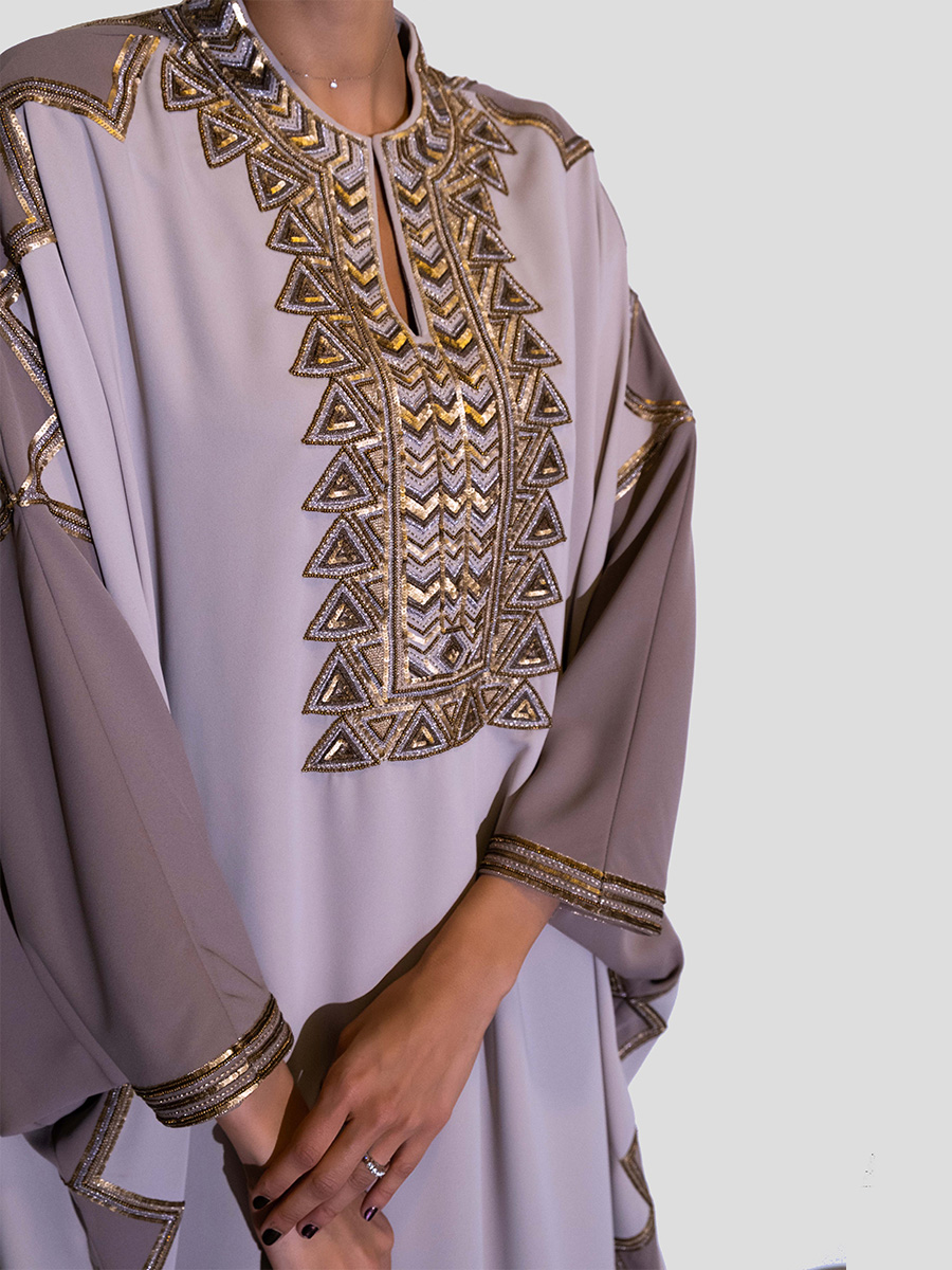 Hijazi dress of crepe fabric decorated with hand embroidery